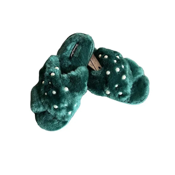 Victoria Secret faux fur emerald dark green white beads slippers fits size S 5-6 - Picture 5 of 5